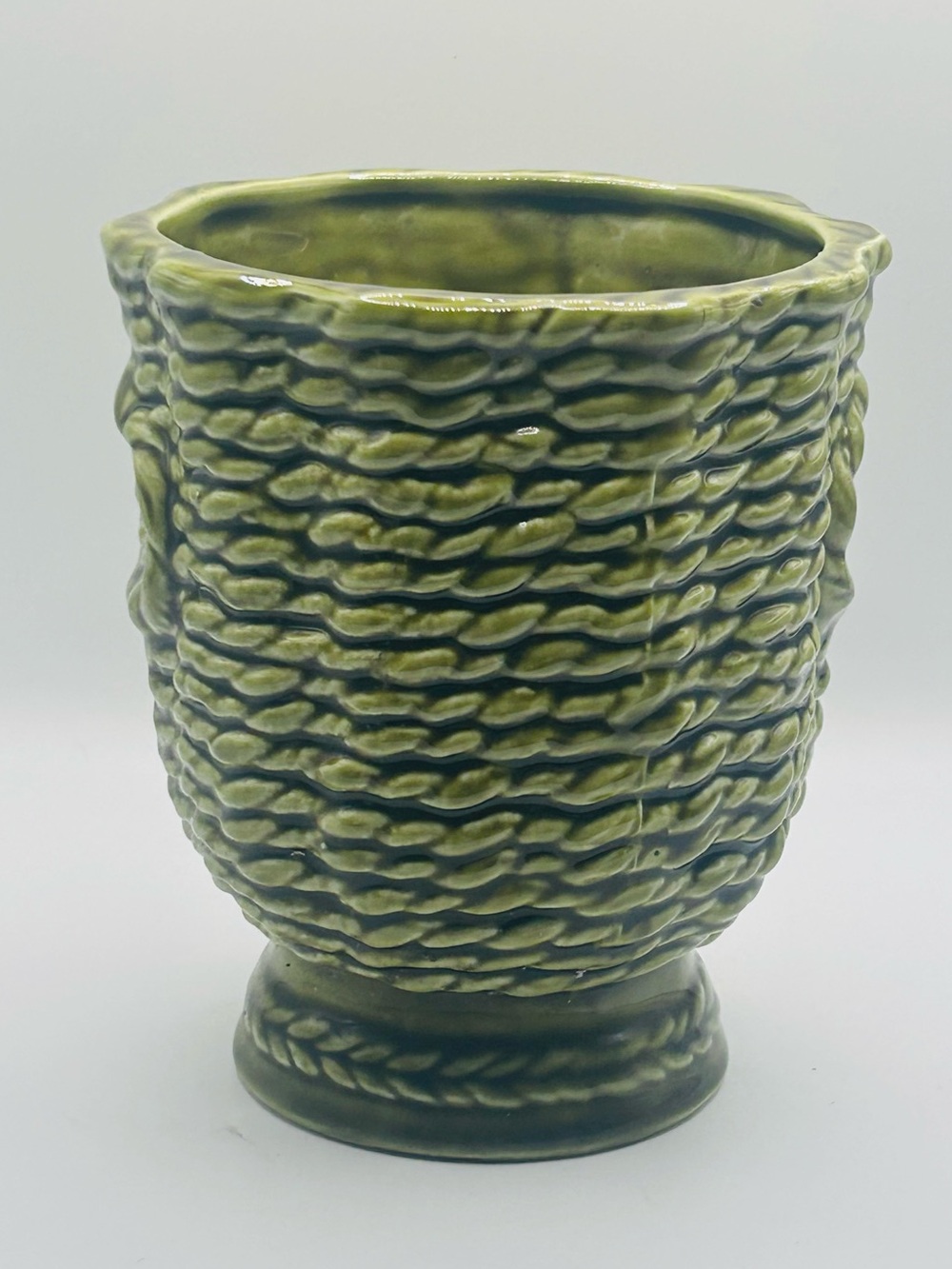 Vintage Inarco Japan Ceramic Planter | Avocado Green Basket Weave Pot (E-3823)